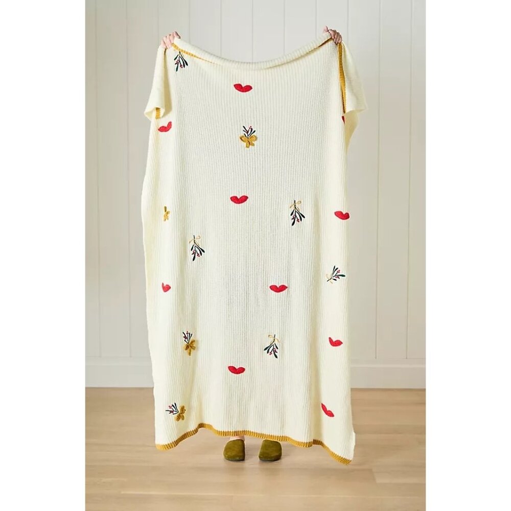 Anthropologie Diane Knitted Icon Throw Blanket Butterfly Hearts Cozy Soft Gift